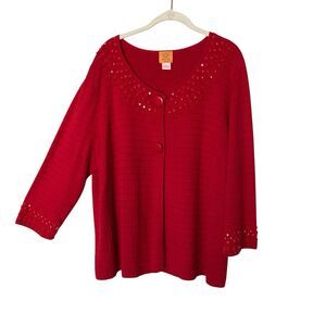 Ruby Road Woman Red Sweater Cardigan 2X  Plastic Rhinestones Round Buttons